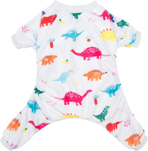 A white short-sleeve pet jumpsuit with a colorful dinosaur print, featuring cartoon-style dinosaurs in pink, blue, orange, green, and yellow on a clean white background at Pet Servo