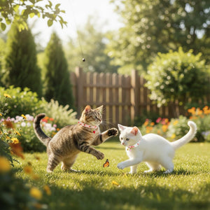 Two cats playing in a garden with flowers and trees at Pet Servo