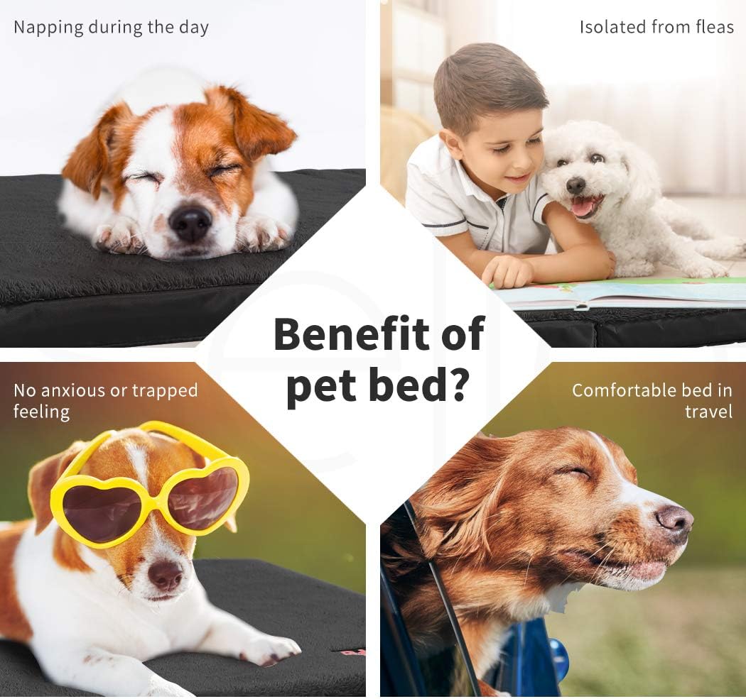 Collage of images showing a dog napping, interacting with a child, wearing sunglasses, and lying on a travel bed, with text highlighting benefits of a pet bed at Pet Servo