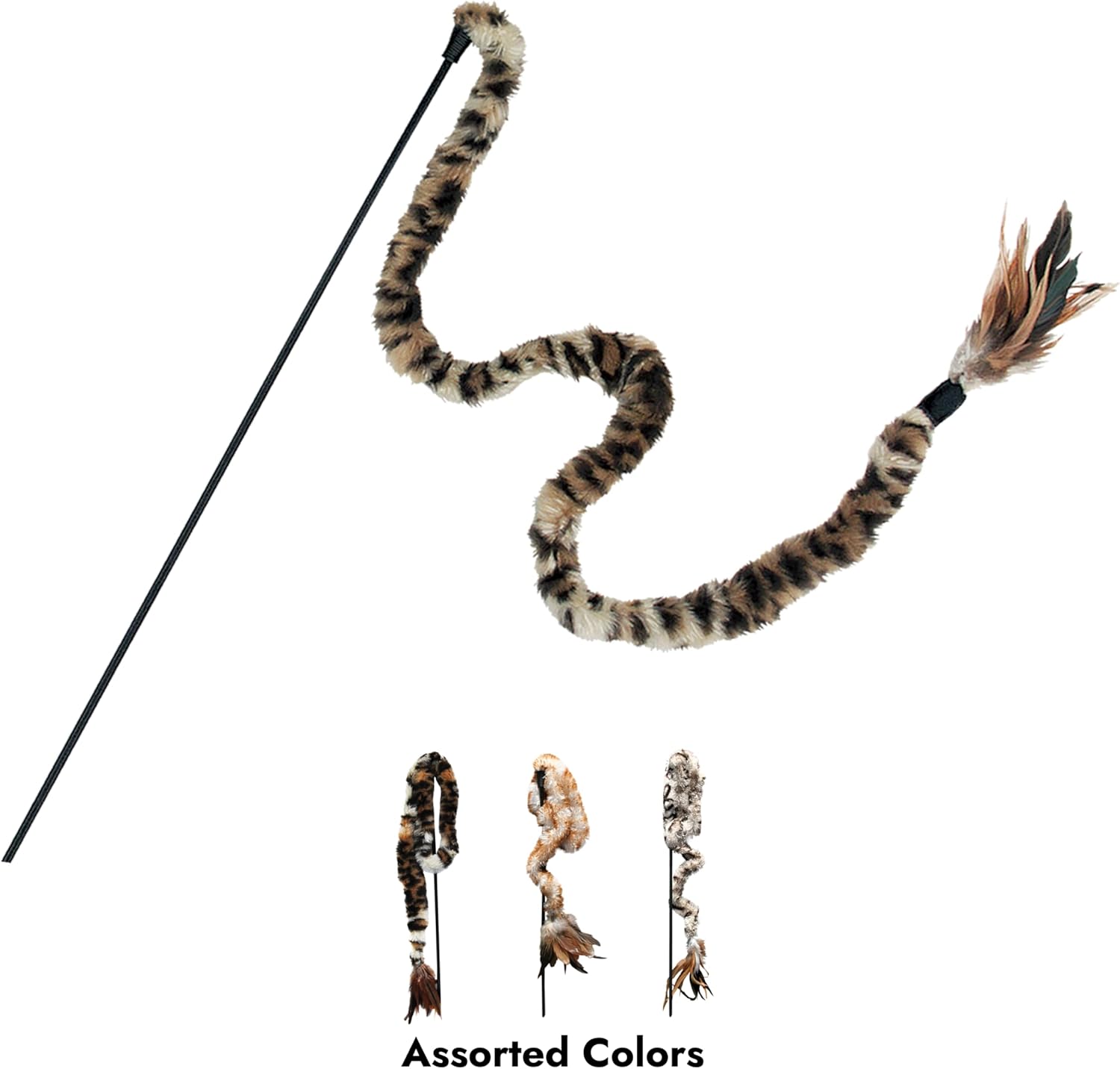 A snake-shaped cat toy with a black wire rod and a faux-fur body in brown, black, and beige tiger-stripe pattern, plus feather accents at the end. Three smaller color variants are shown below on a white background with the text 'Assorted Colors' at Pet Servo