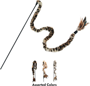 A snake-shaped cat toy with a black wire rod and a faux-fur body in brown, black, and beige tiger-stripe pattern, plus feather accents at the end. Three smaller color variants are shown below on a white background with the text 'Assorted Colors' at Pet Servo