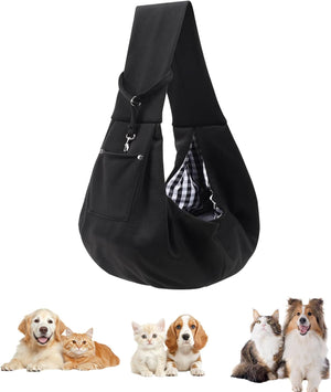 Black pet sling carrier with small checkered bag inside, surrounded by pets on a white background at Pet Servo