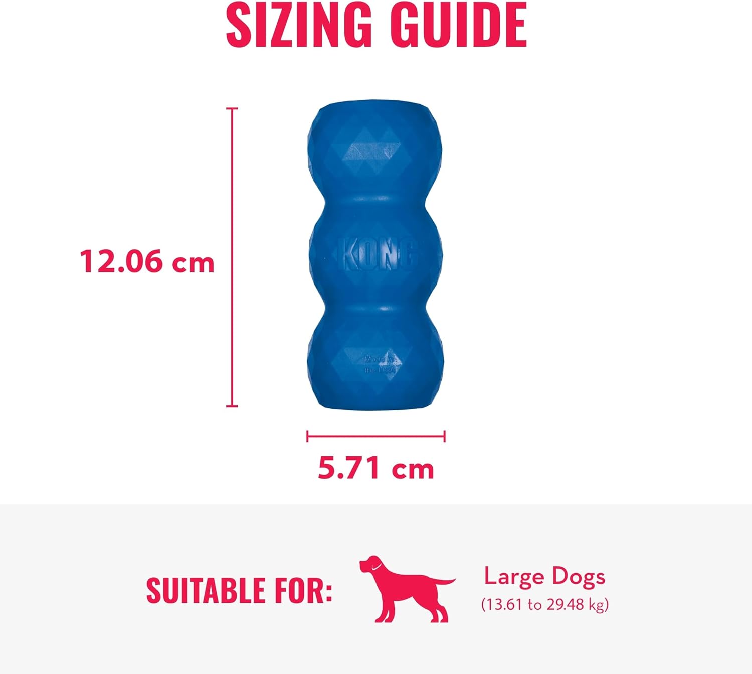 Blue dog toy with dimensions and suitability for large dogs on a white background at Pet Servo
