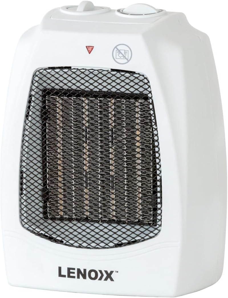 A white Lenox electric space heater with a black mesh front guard and visible heating elements inside, shown on a plain white background.