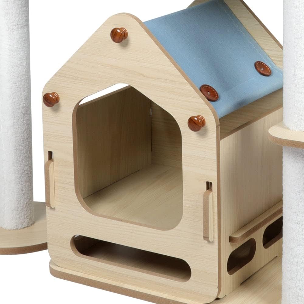 Wooden cat playhouse with a blue cushion on a white background at Pet Servo