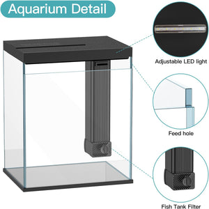 Glass aquarium with black top and side panels, featuring adjustable LED light, feed hole, and fish tank filter.