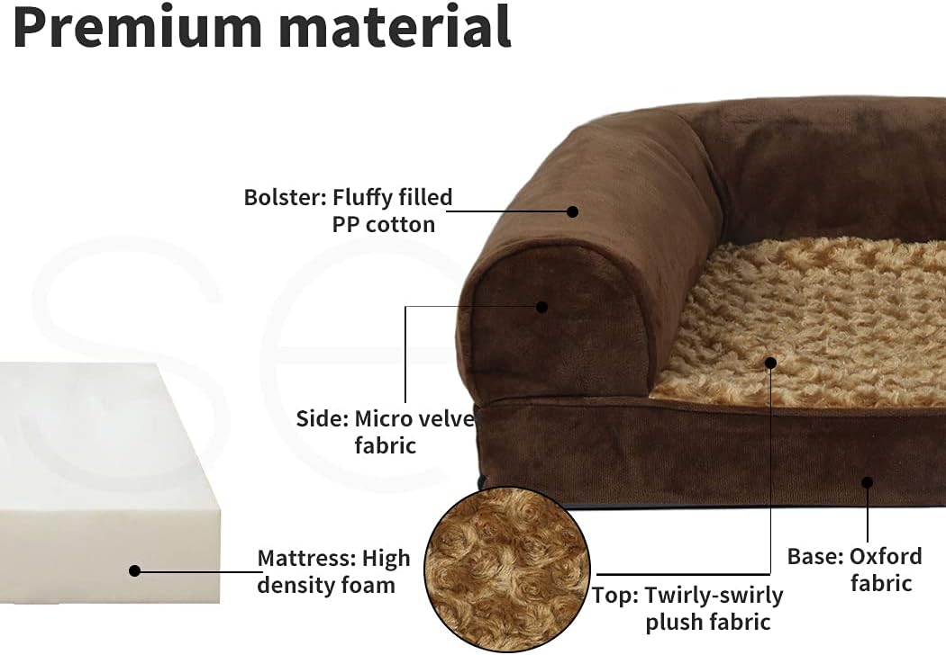 Diagram of a brown pet bed with labeled materials including fluffy filled PP cotton, micro velvety fabric, high density foam, and twirly-swirly plush fabric at Pet Servo