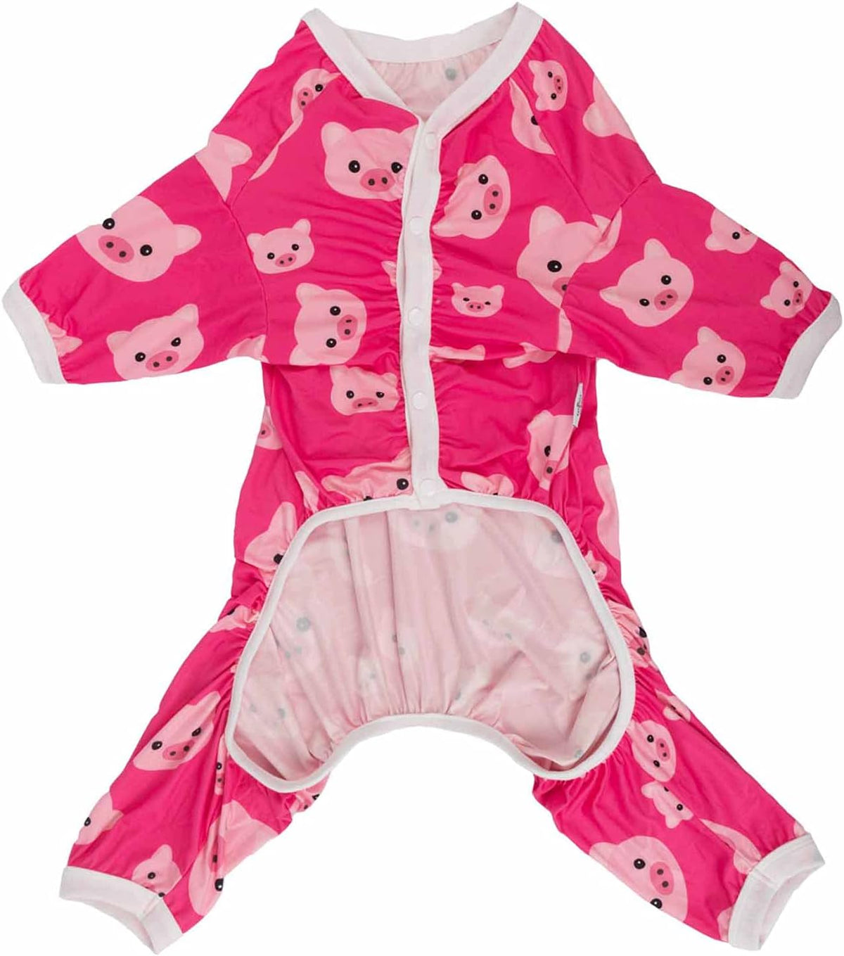 Pink baby footed sleeper with a playful pig pattern, featuring a snap-button front closure and a soft light pink inner lining at Pet Servo
