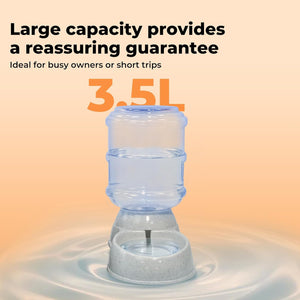 A 3.5L water bottle feeder or dispenser shown on a peach-to-orange gradient background with marketing text reading 'Large capacity provides a reassuring guarantee' and 'Ideal for busy owners or short trips at Pet Servo