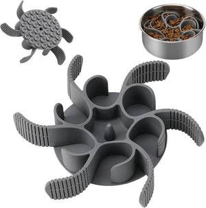 Gray turtle-shaped pet toy with a small bowl of food on a white background at Pet Servo