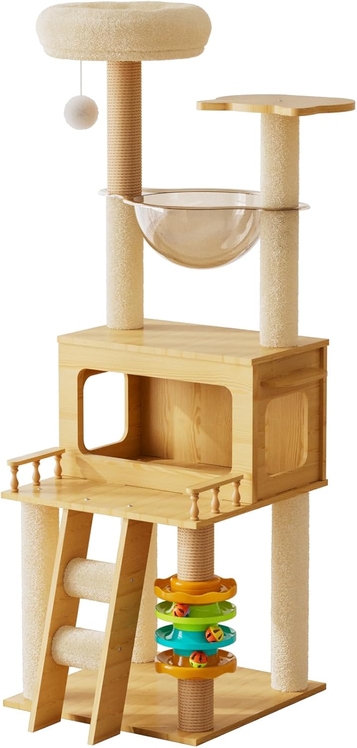 Wooden cat tree with multiple levels, platforms, and toys on a white background at Pet Servo