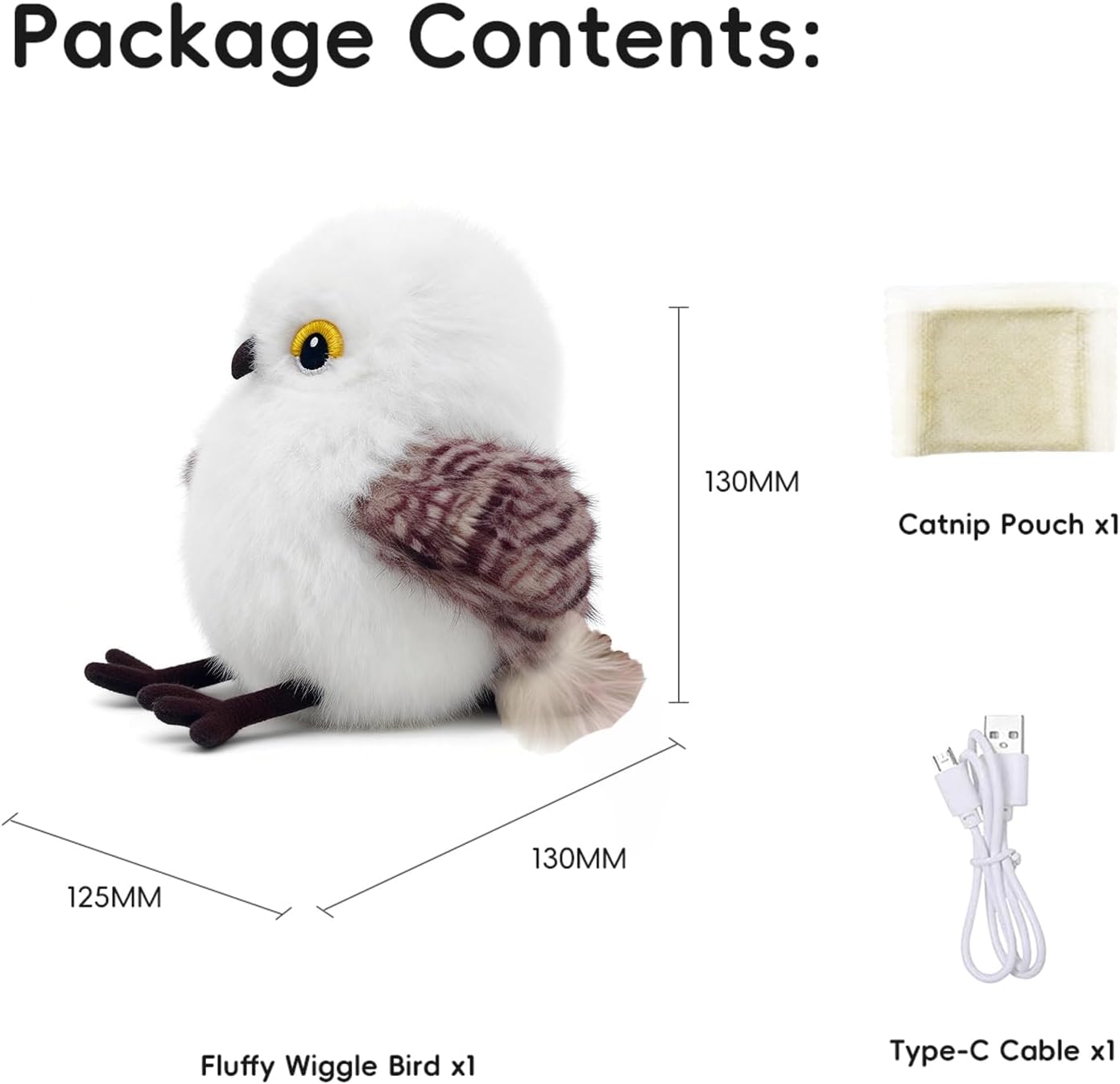 Fluffy wiggle bird with catnip pouch, USB cable, and dimensions on a white background at Pet Servo