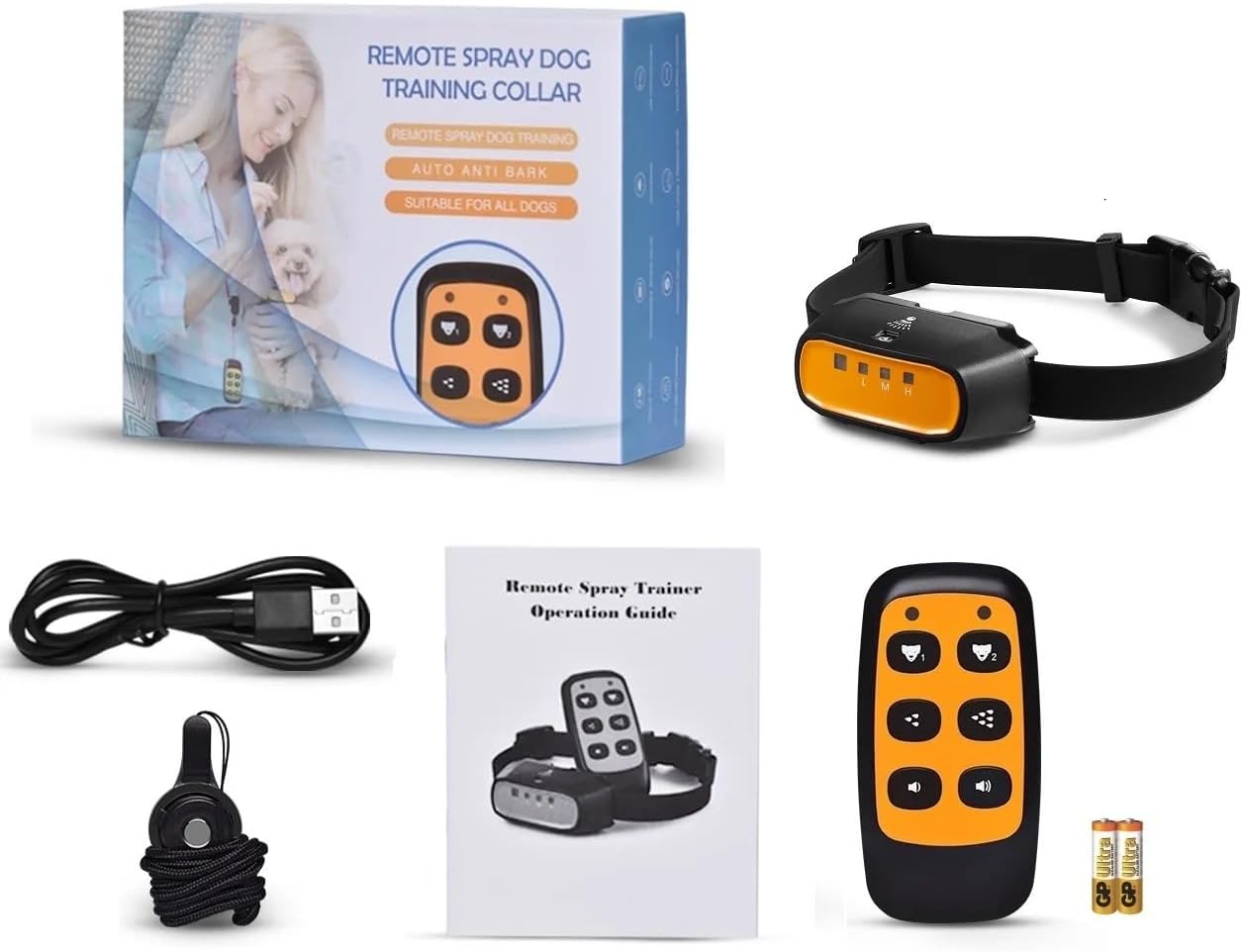 Remote spray dog training collar with packaging, remote control, and accessories on a white background at Pet Servo