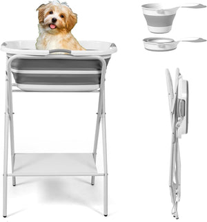 Pet grooming station with a dog, grooming tools, and accessories on a white background at Pet Servo
