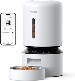 White pet feeder with app interface on a white background