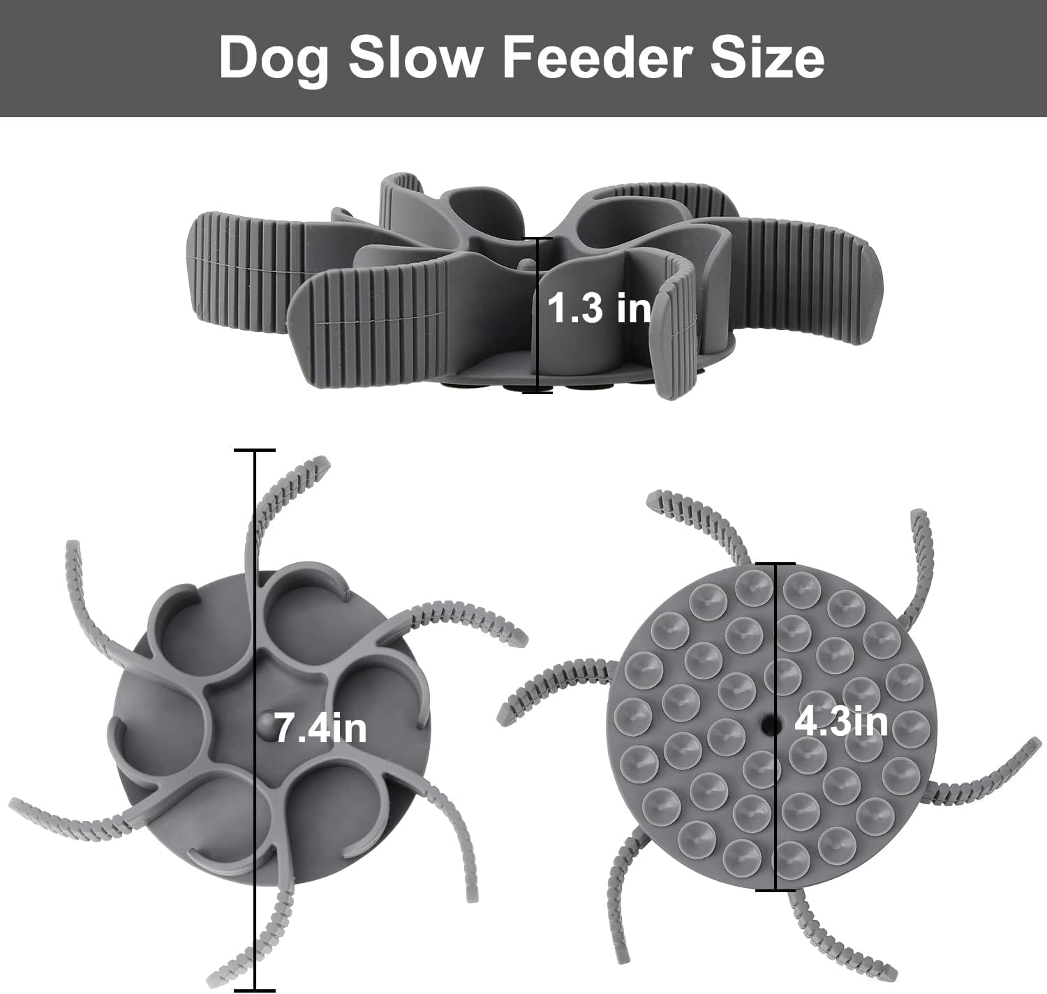 Gray dog slow feeder with measurements on a white background at Pet Servo