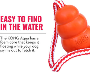 KONG Aqua dog toy with text about its floating properties on a white background at Pet Servo