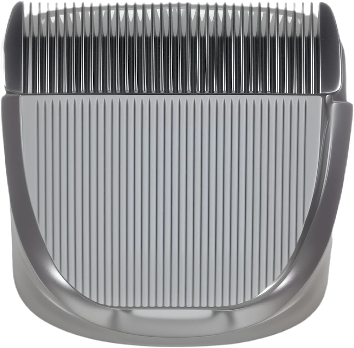 Silver metallic electric hair clipper blade attachment with fine cutting teeth and a ribbed front guard, shown on a plain white background at Pet Servo