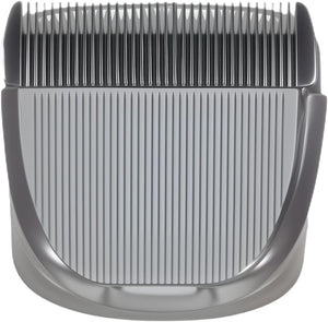 Silver metallic electric hair clipper blade attachment with fine cutting teeth and a ribbed front guard, shown on a plain white background at Pet Servo