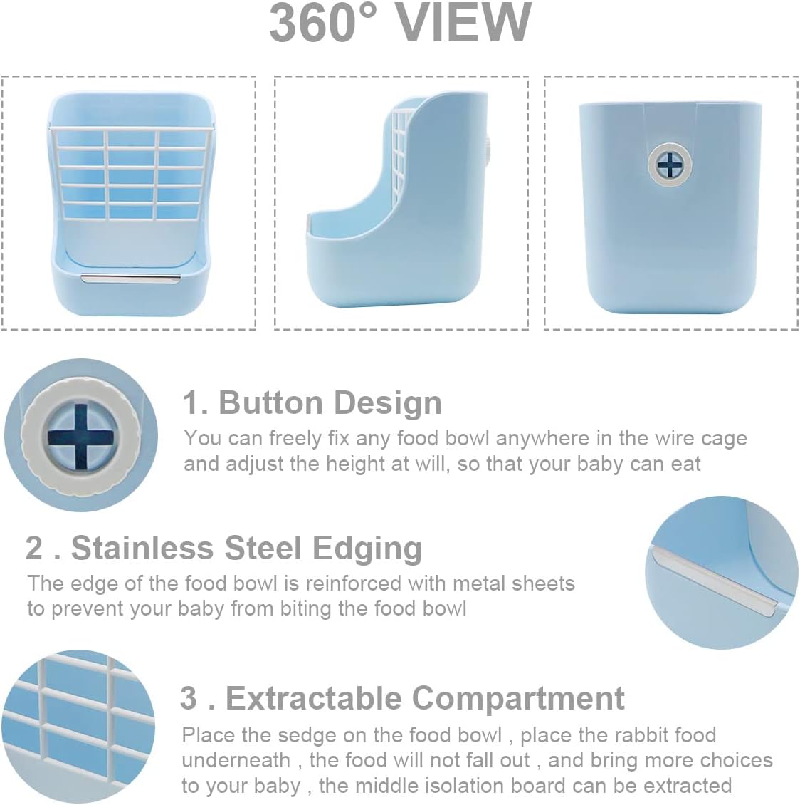 Product details of a blue baby feeding station with features highlighted at Pet Servo