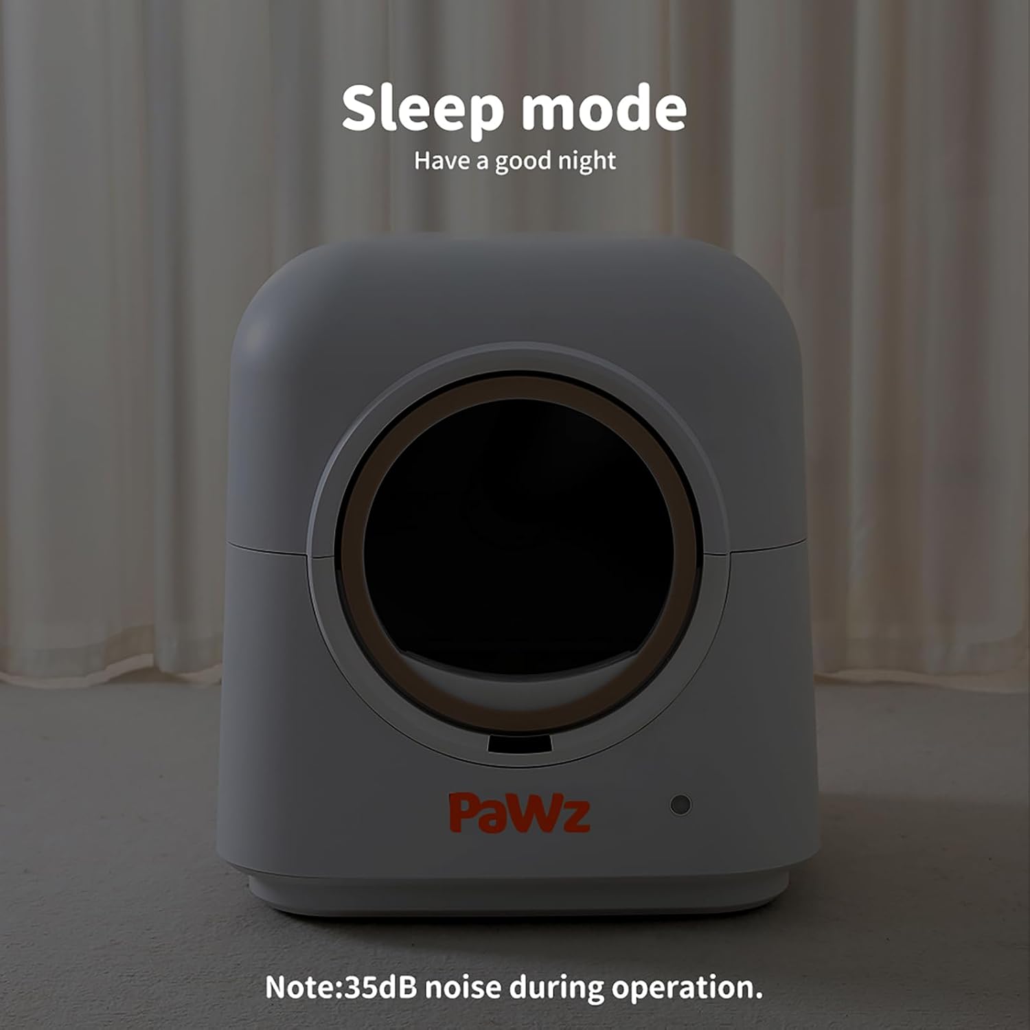 A white cylindrical cat litter box with a circular opening, shown in a dim indoor setting with curtains in the background. White text at the top reads 'Sleep mode Have a good night' and text at the bottom says 'Note:35dB noise during operation at Pet Servo