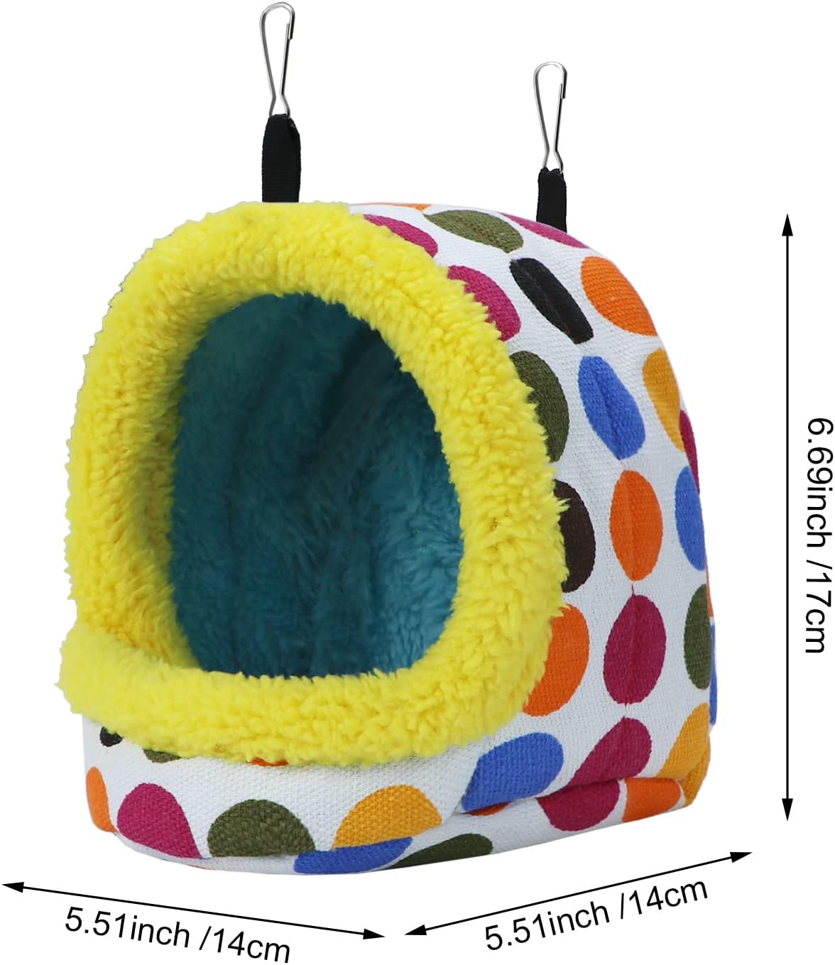 Colorful polka dot pet bed with yellow interior and measurements on a white background at Pet Servo