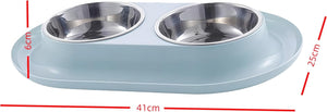 A dual pet feeding station with two stainless steel bowls on a light blue tray, shown with red dimension lines and labels indicating 41cm width, 25cm depth, and 6cm bowl height at Pet Servo
