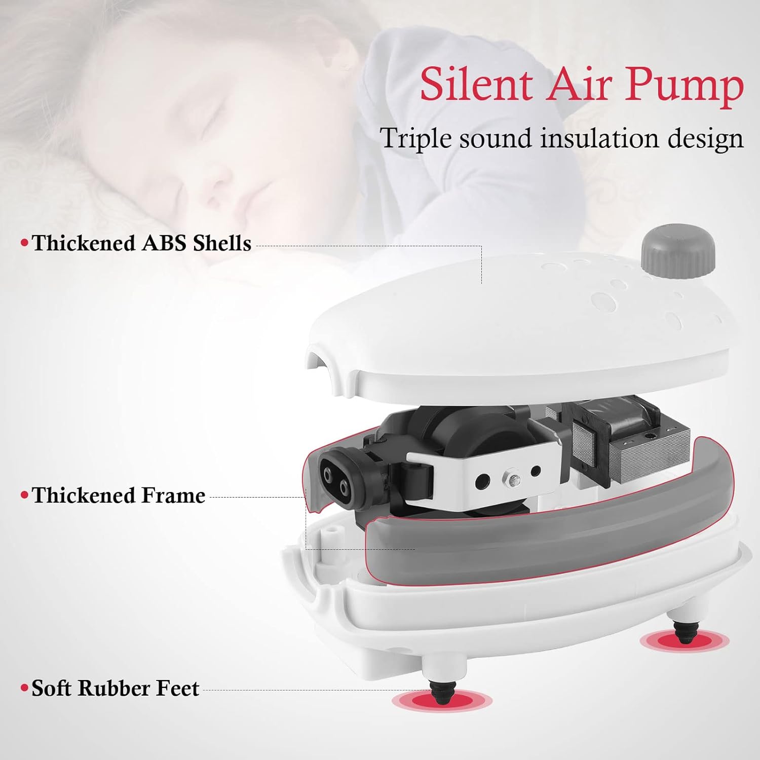 Silent air pump with features highlighted on a white background at Pet Servo