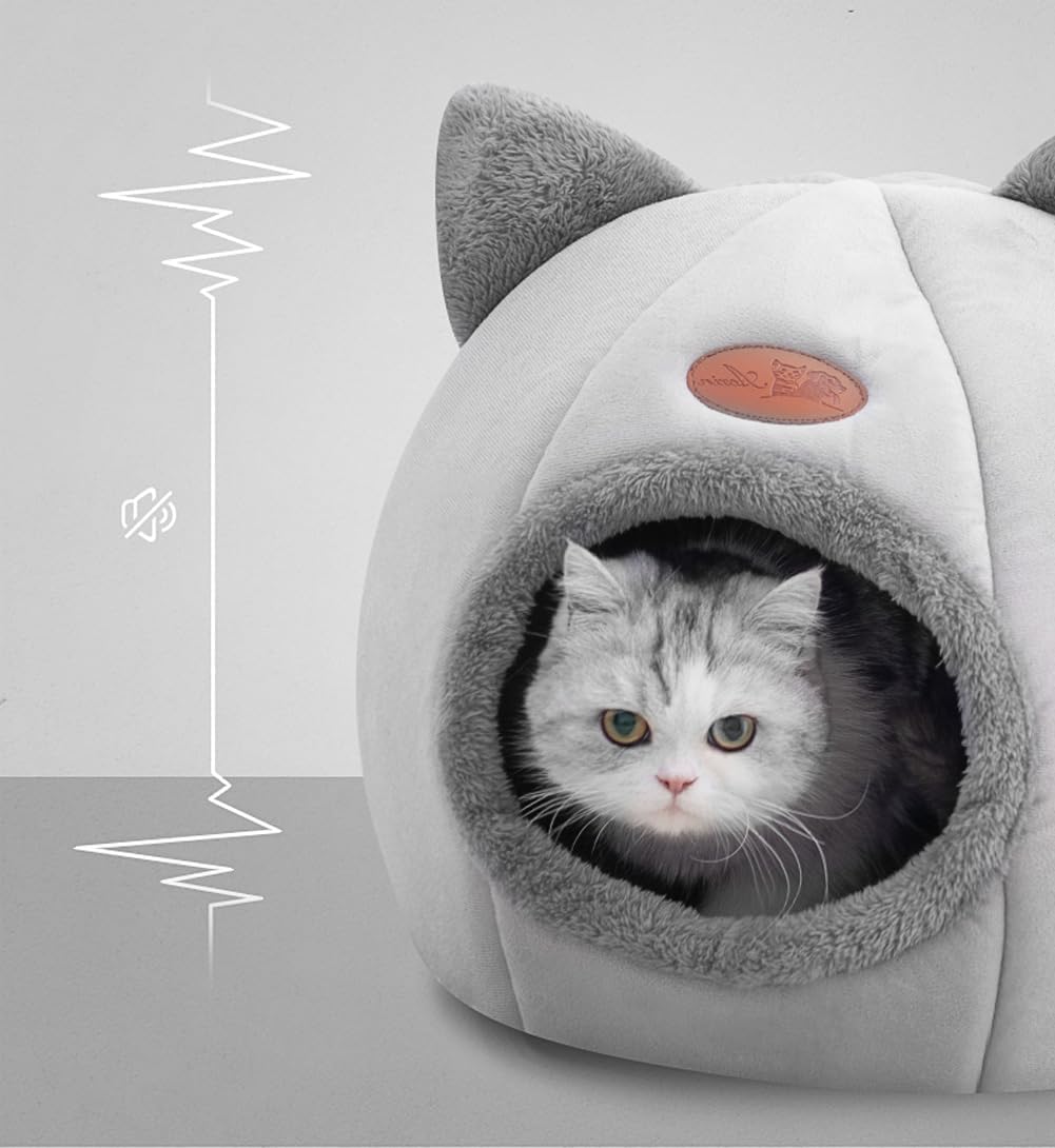 Cat Bed Cave With Dome Shape - Soft Plush Premium Cotton Cave - Grey(L)