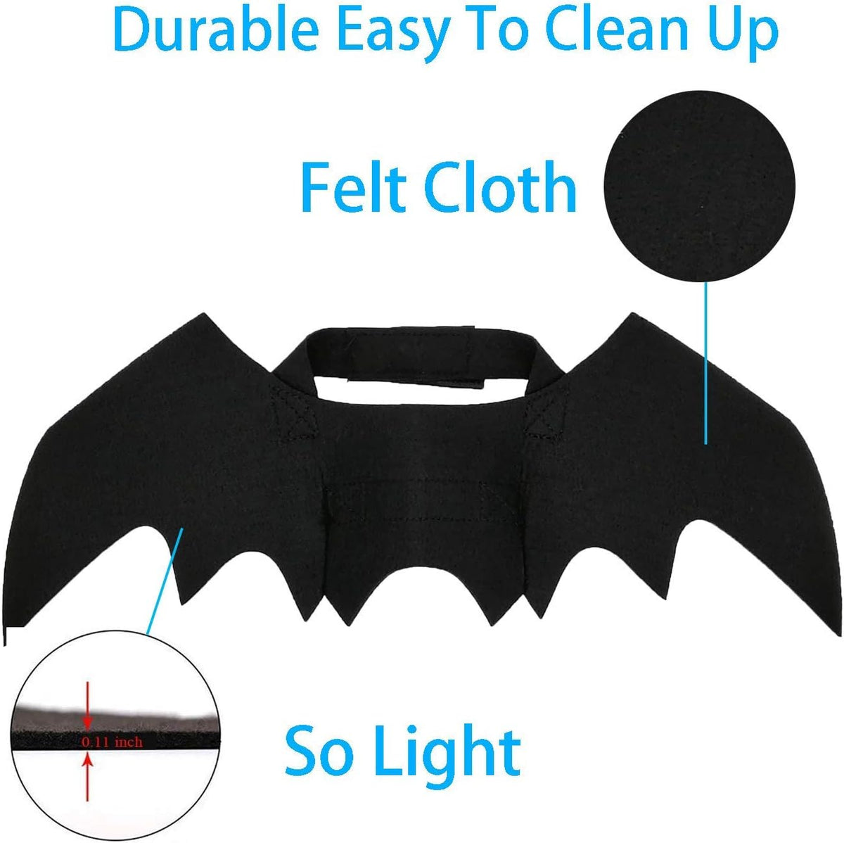 Black felt bat-wing shaped accessory on a white background with blue text reading 'Durable Easy To Clean Up', 'Felt Cloth', and 'So Light', plus circular inset detail views showing material and thickness at Pet Servo