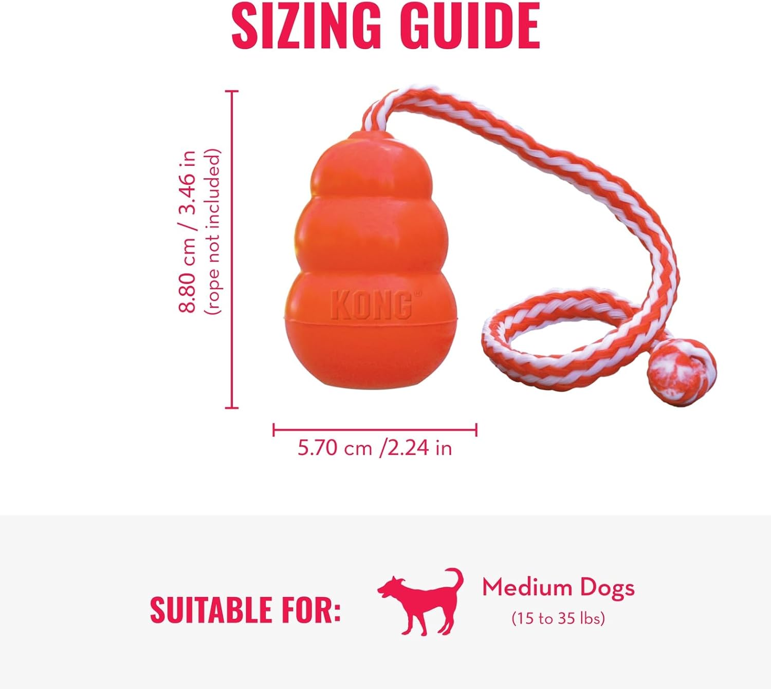 Kong dog toy with rope, size guide, and suitability for medium dogs on a white background at Pet Servo
