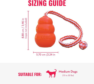 Kong dog toy with rope, size guide, and suitability for medium dogs on a white background at Pet Servo