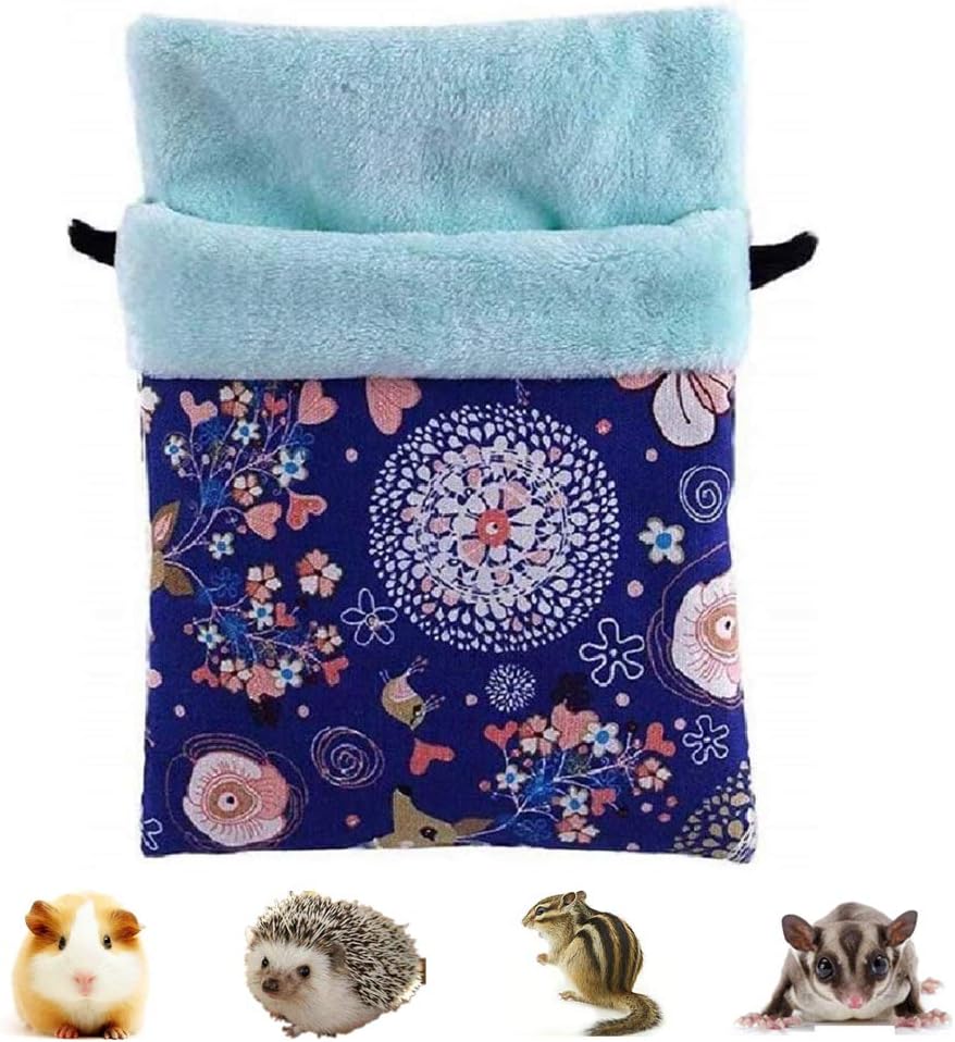 Floral-patterned pouch with blue top and small animals at the bottom at Pet Servo