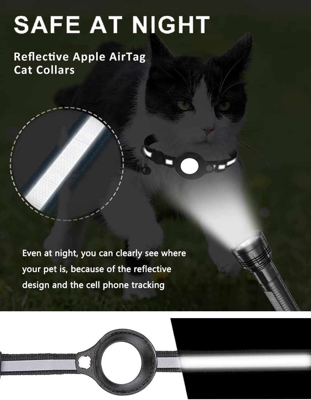 Promotional graphic for reflective pet collars, featuring a black-and-white cat wearing a reflective collar in a dark outdoor setting, a flashlight beam, a circular inset showing the reflective strip detail, and a bottom strip of the collar on a white background at Pet Servo