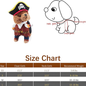 Size chart for a teddy bear in a pirate costume with measurements and weight recommendations at Pet Servo