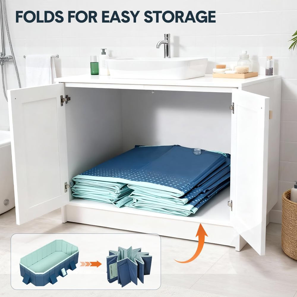 Blue foldable storage bags shown inside an open white bathroom vanity cabinet, with text reading 'FOLDS FOR EASY STORAGE' and a small inset showing the bag transforming into a bathtub.
