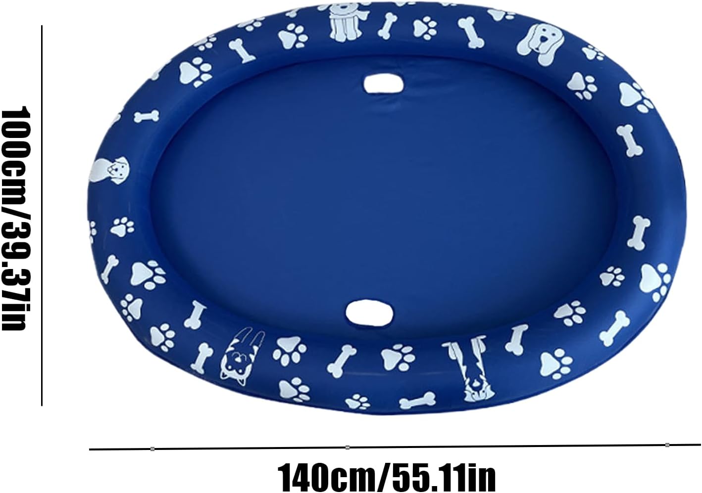 Blue pet mat with white paw and bone patterns, dimensions indicated on the sides at Pet Servo