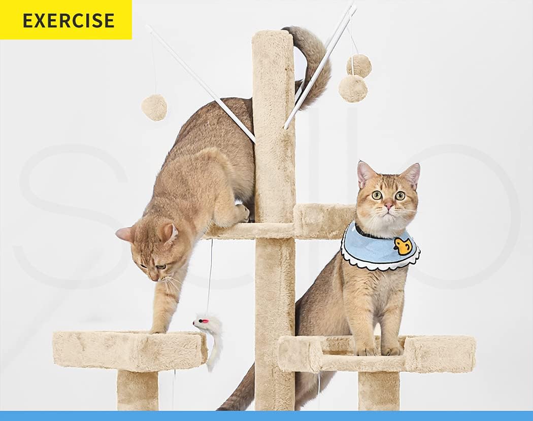 Two cats playing on a beige cat tree with scratching posts, hanging balls, and a feather toy against a light gray background. A yellow 'EXERCISE' label appears in the top-left corner at Pet Servo
