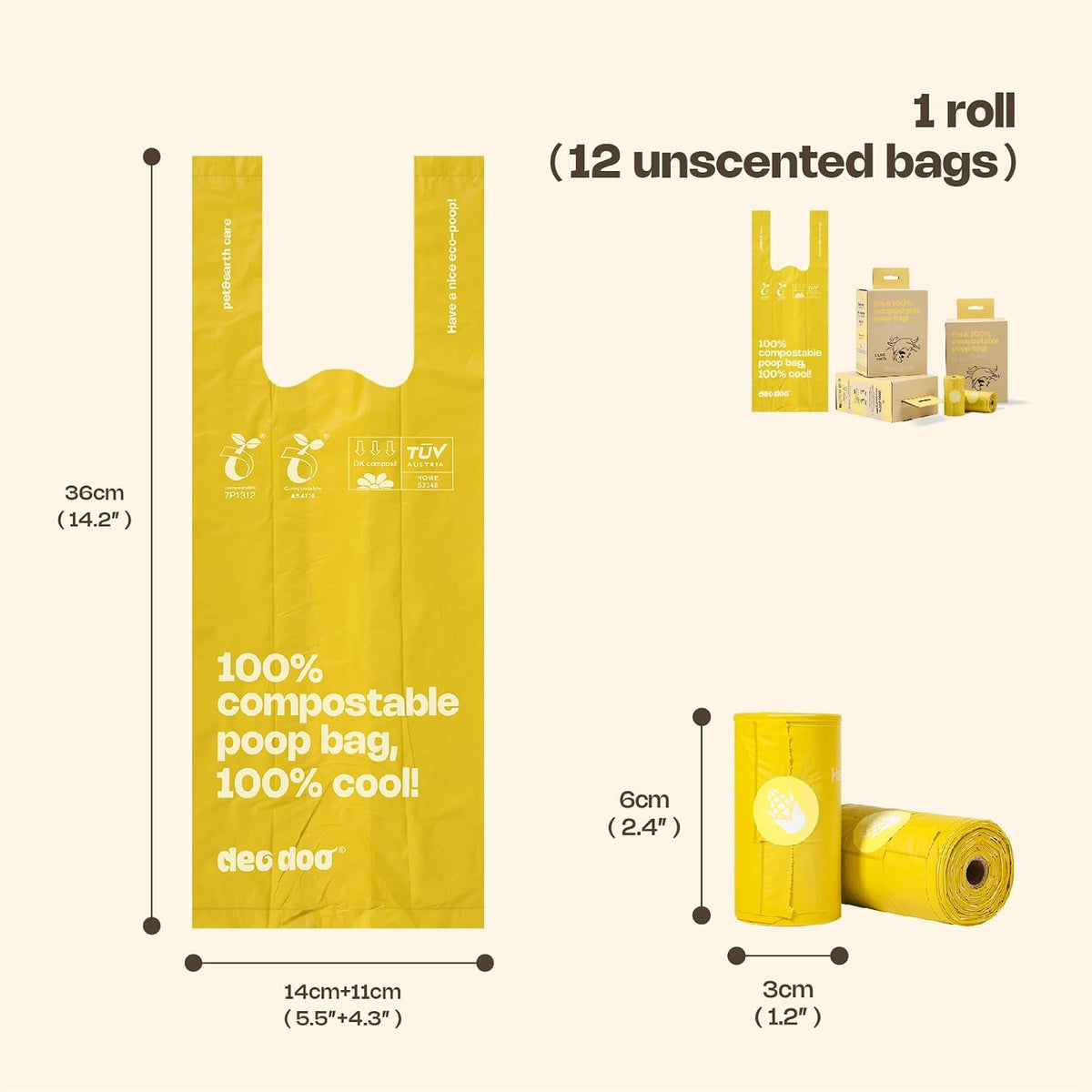 Yellow compostable poop bags with dimensions and packaging details on a beige background at Pet Servo