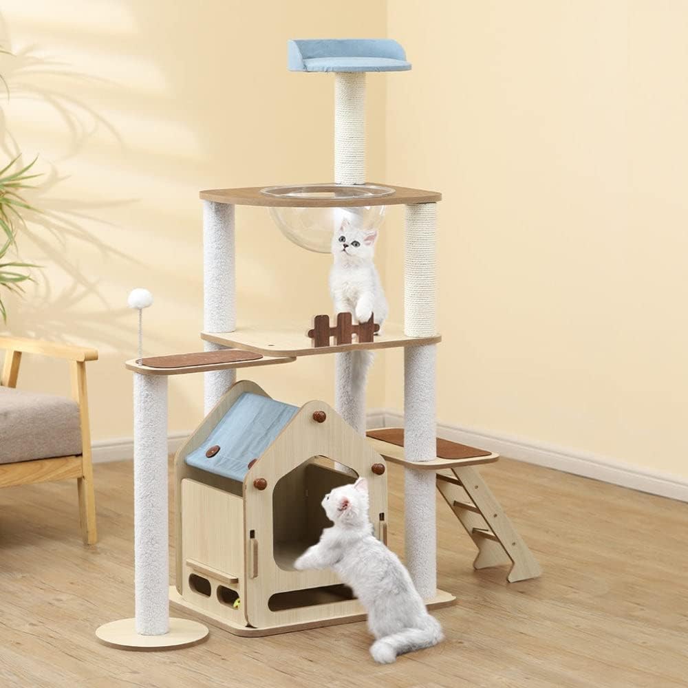 Cat tree with multiple levels and a cat climbing on it in a room at Pet Servo