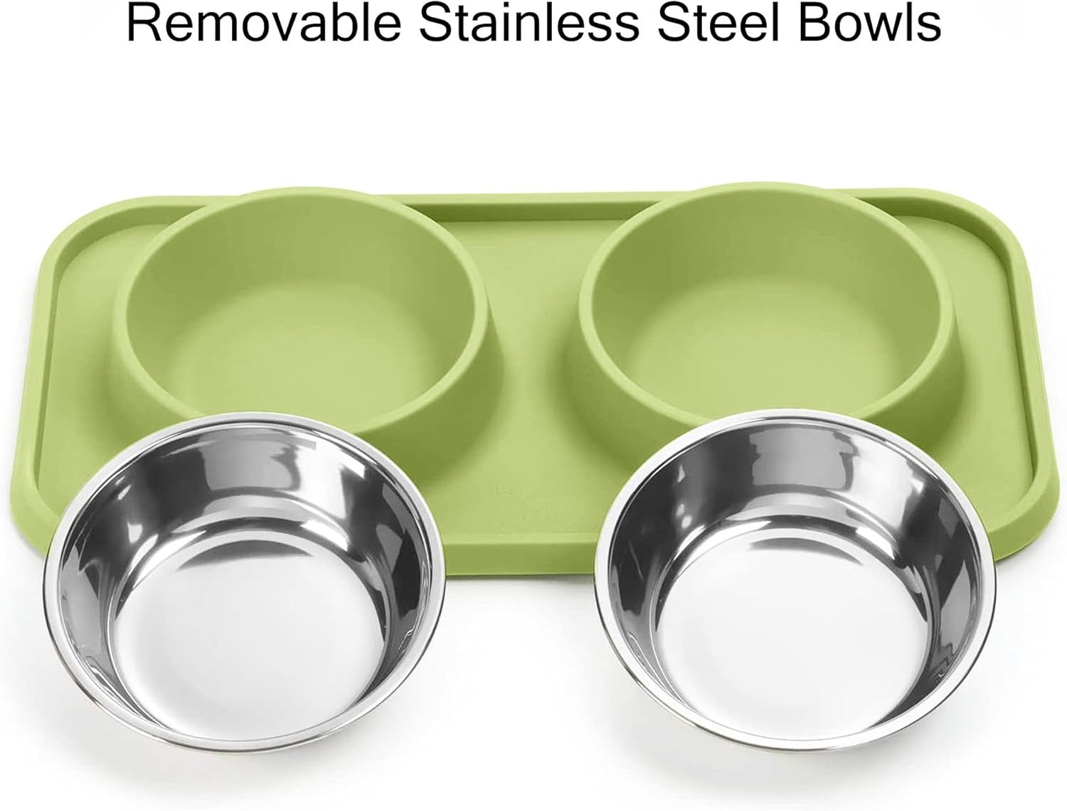 Green silicone tray with two stainless steel bowls on a white background at Pet Servo