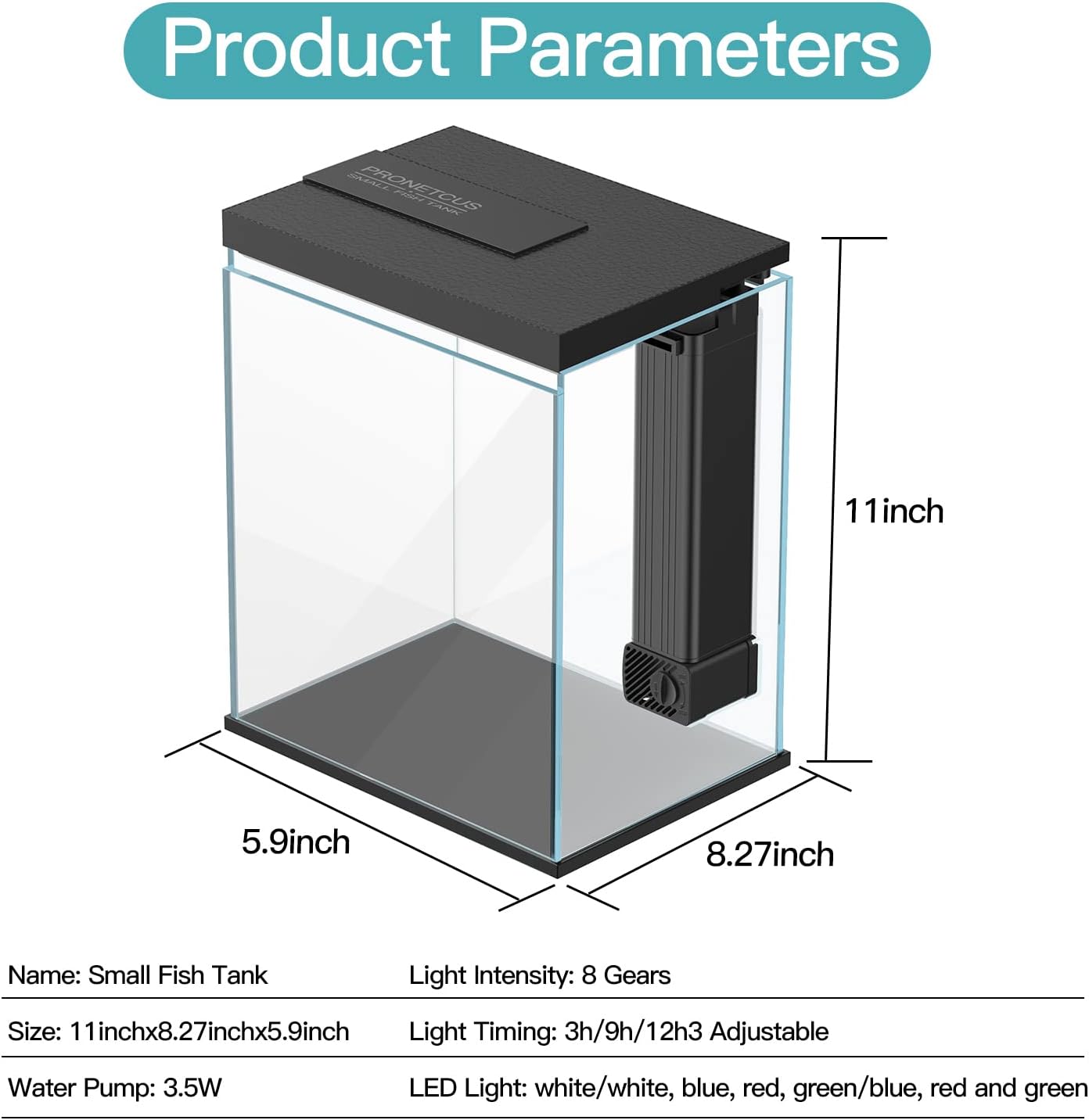 Small fish tank with dimensions and product parameters on a white background