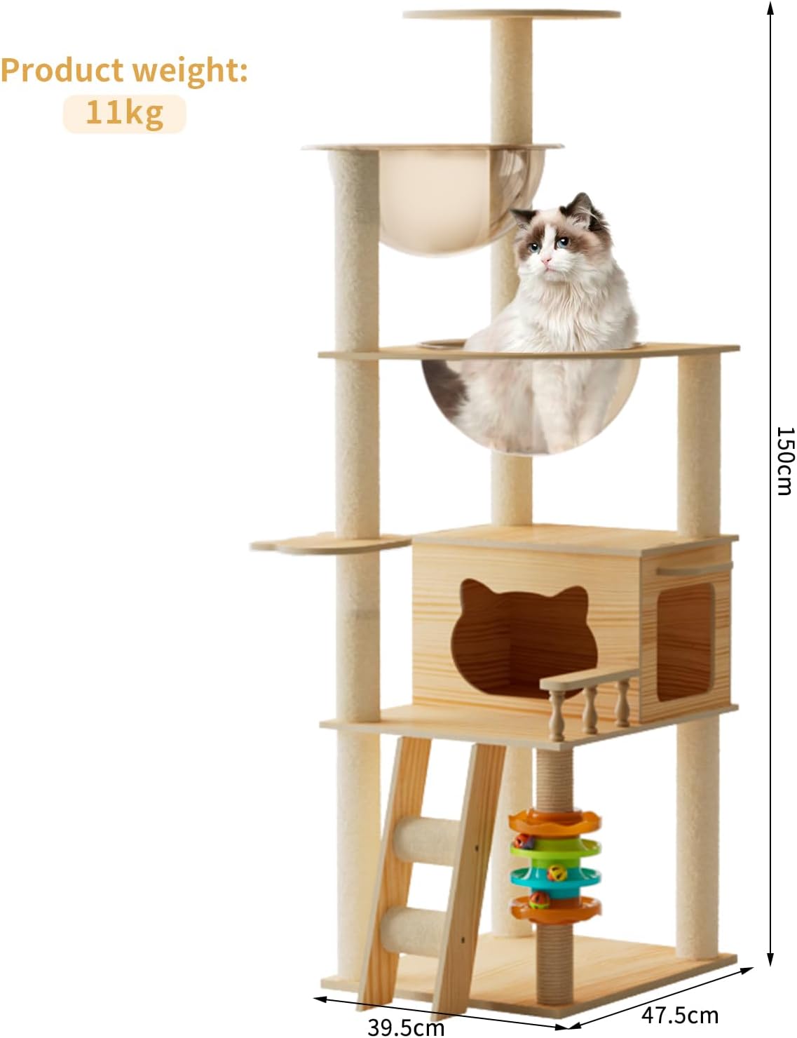 Cat tree with a cat sitting on top, dimensions indicated, and product weight displayed at Pet Servo
