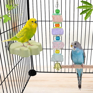 Two parakeets in a cage with a colorful hanging toy at Pet Servo