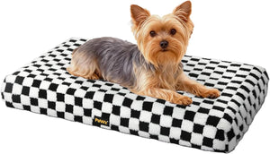 Small dog lying on a black and white checkered pet bed at Pet Servo