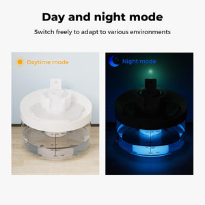 A product comparison graphic showing a small round container in two modes: daytime mode with a white lid and clear container, and nighttime mode with a black lid and blue illuminated container. Text at the top reads 'Day and night mode' and 'Switch freely to adapt to various environments at Pet Servo