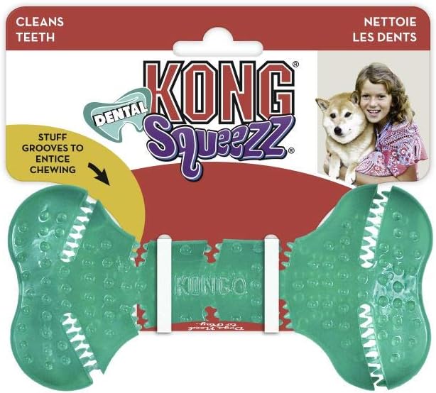Kong Squeezz dental toy packaging with a dog and child on the label at Pet Servo
