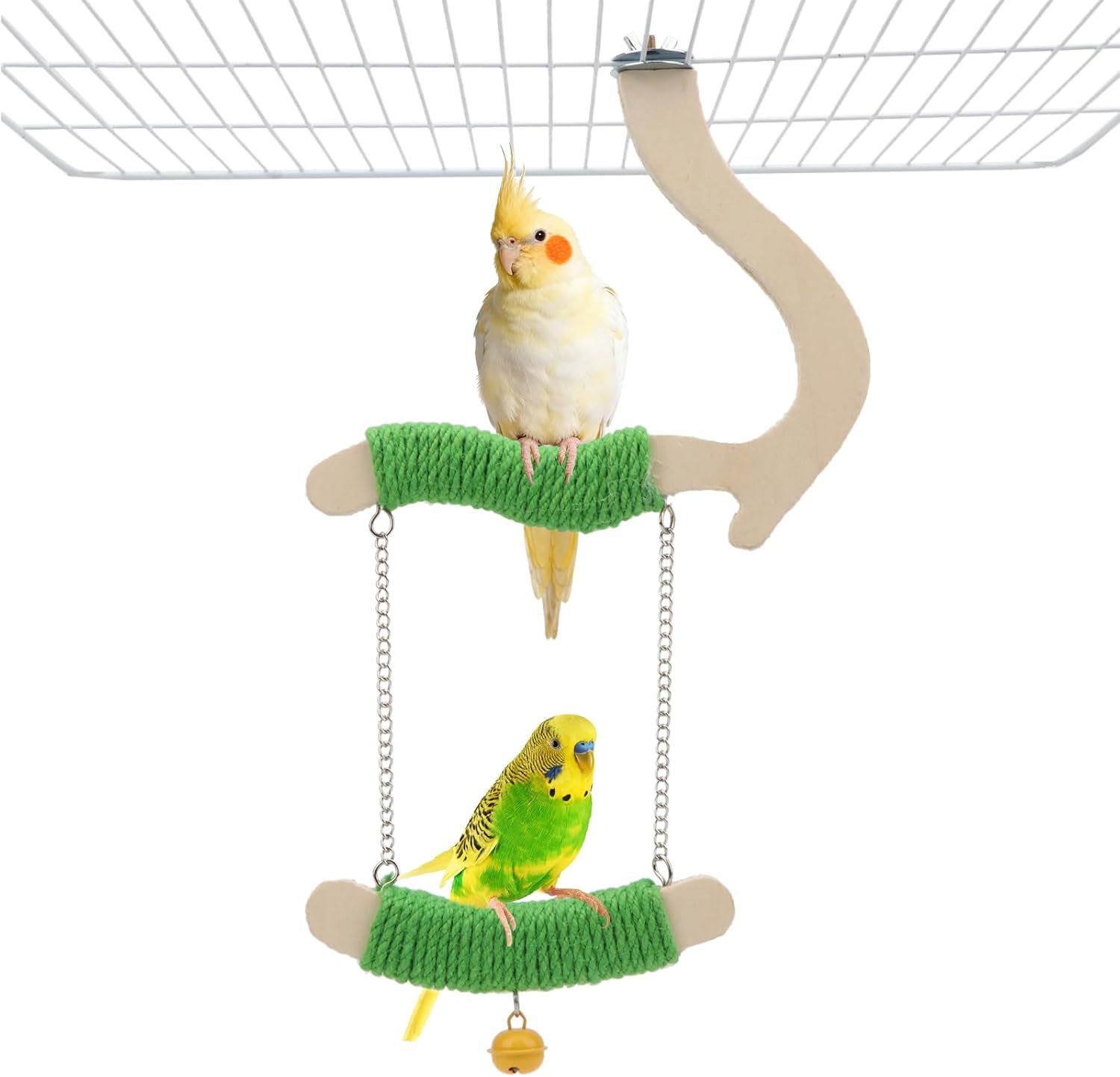 Two parakeets perched on a bird toy with green rope and wooden platforms at Pet Servo