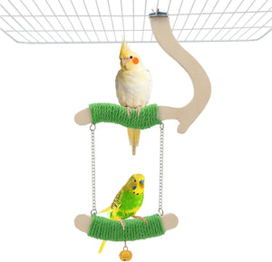Two parakeets perched on a bird toy with green rope and wooden platforms at Pet Servo