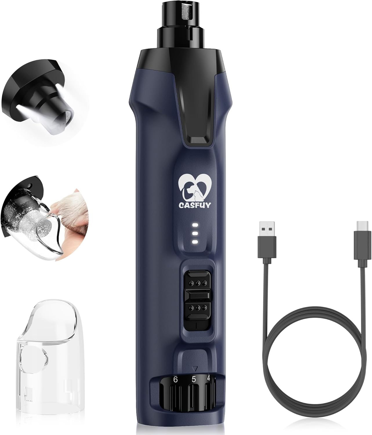 Pet grooming tool with attachments and USB cable on a white background at Pet Servo